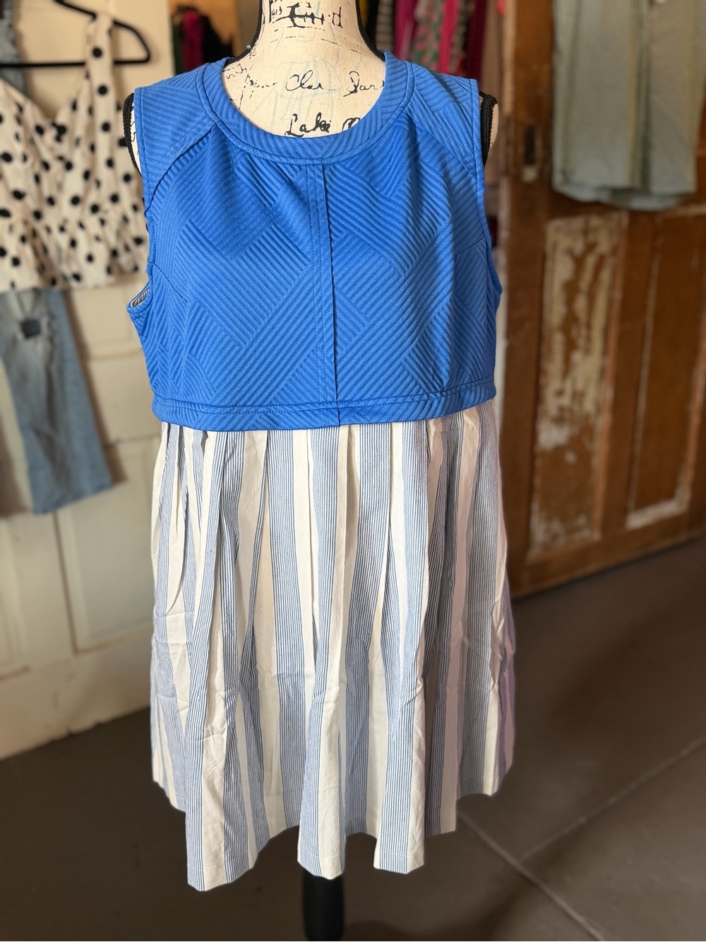 Umgee Royal Blue Textured Bodice with White & Light Blue Striped Skirt Dress